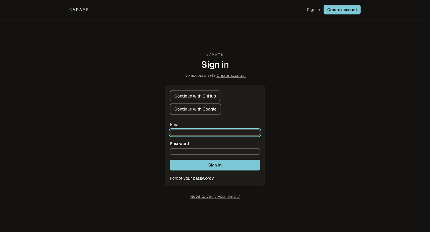 The Cafaye sign-in screen, running live on this site